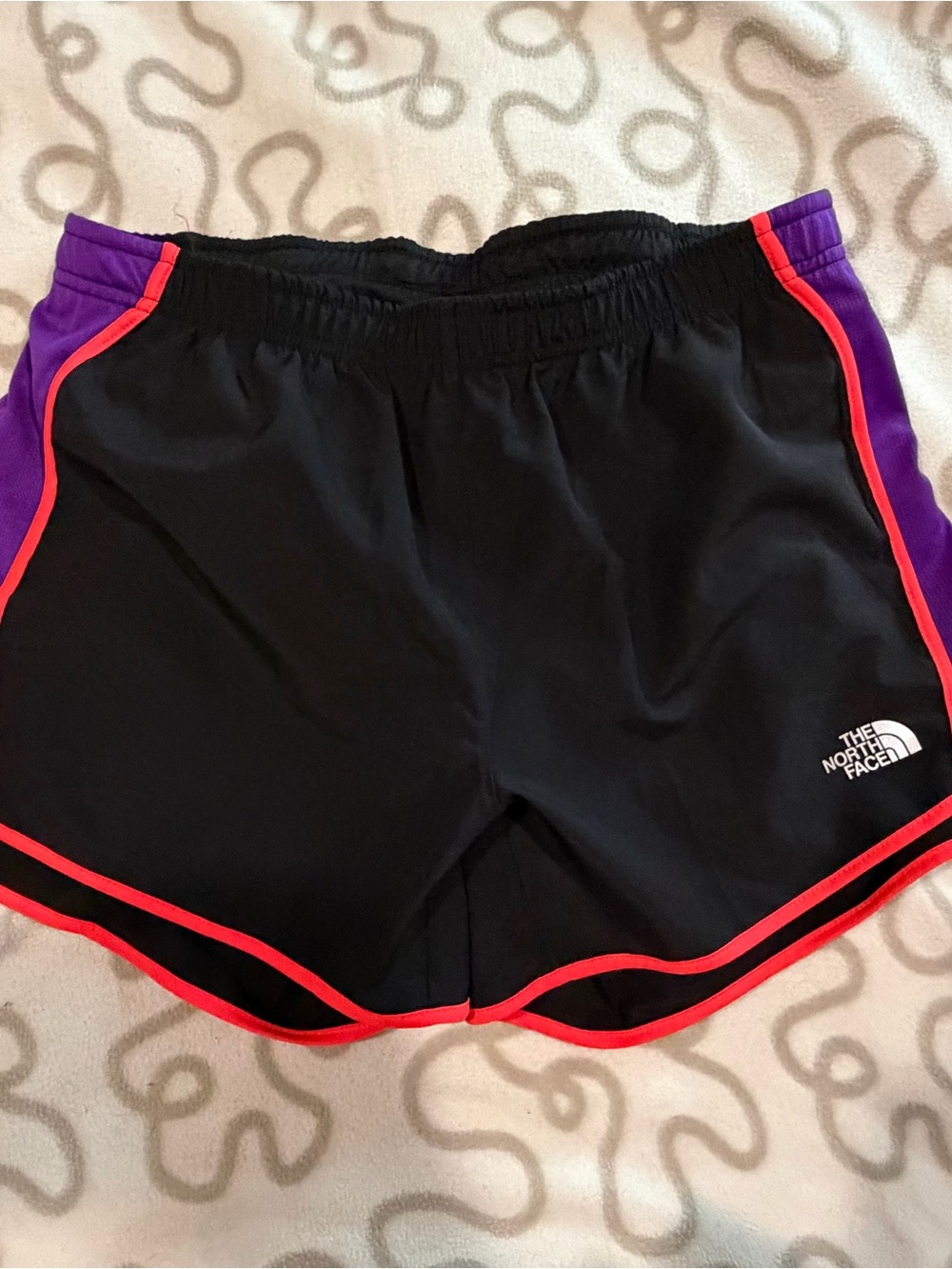 The North Face Black Athletic Shorts with Purple Panels and Red Trim